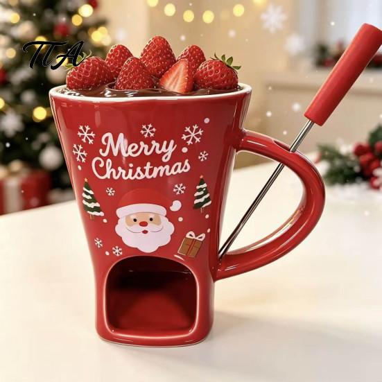 Holiday Themed Snack Server Christmas Chocolate Fondue Mug with Tea Light Warmer & Forks, 155ml Ceramic Melting Tabletop Pot for Cheese Caramel, Party