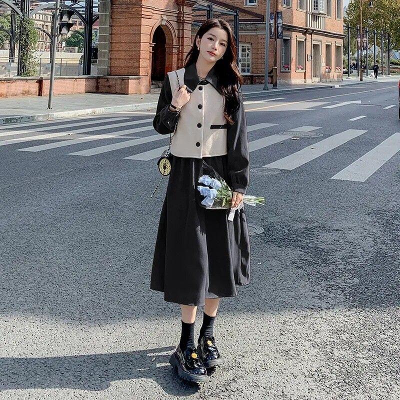

French-Style Long-Sleeve Shirt Dress with Vest Two-Piece Set, Plus-Size for Curvy Women, Tummy-Concealing, Slimming, Age-Reducing Long Dress Set Black 3xl code