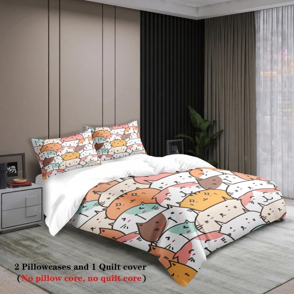 3pcs 100% Polyester Cute Cat Face Bedding Sets 3D Printed Cartton Animal Pattern Single Twin Queen King Size Duvet Cover Sets
