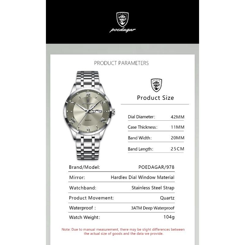 POEDAGAR Luxury Fashion Men Clock Waterproof Luminous Week Date Sports Wristwatch Stainless Steel Quartz Watches Reloj