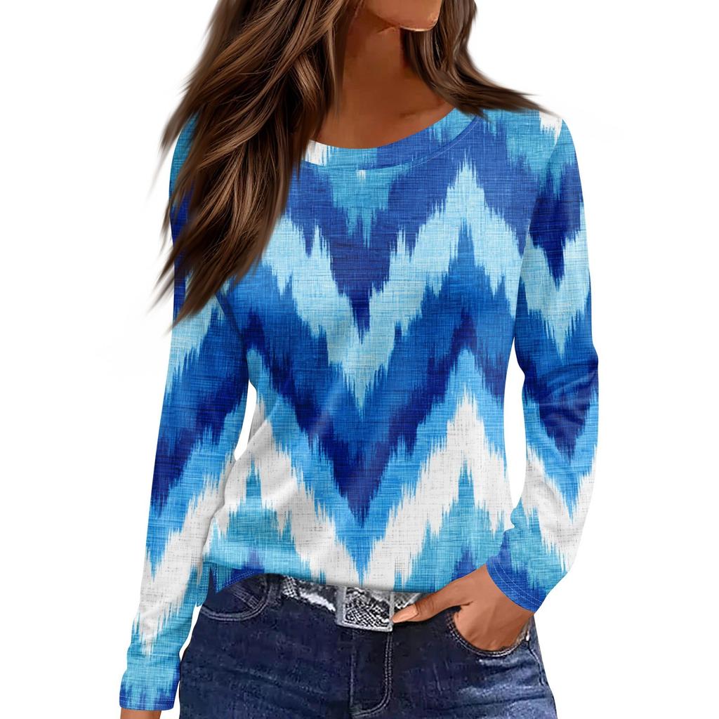 Women's Fashion Hem Slit Casual Floral Print Round Neck Long Sleeve Top