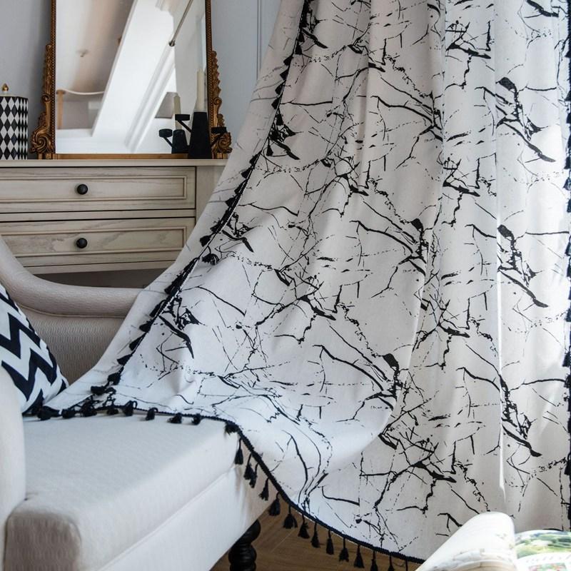 

American Style White Marble Printing Curtain Cotton Semi-shading Bedroom Living Room Small Window Curtains Kitchen Valance W150 x H160cm&Threading Rod