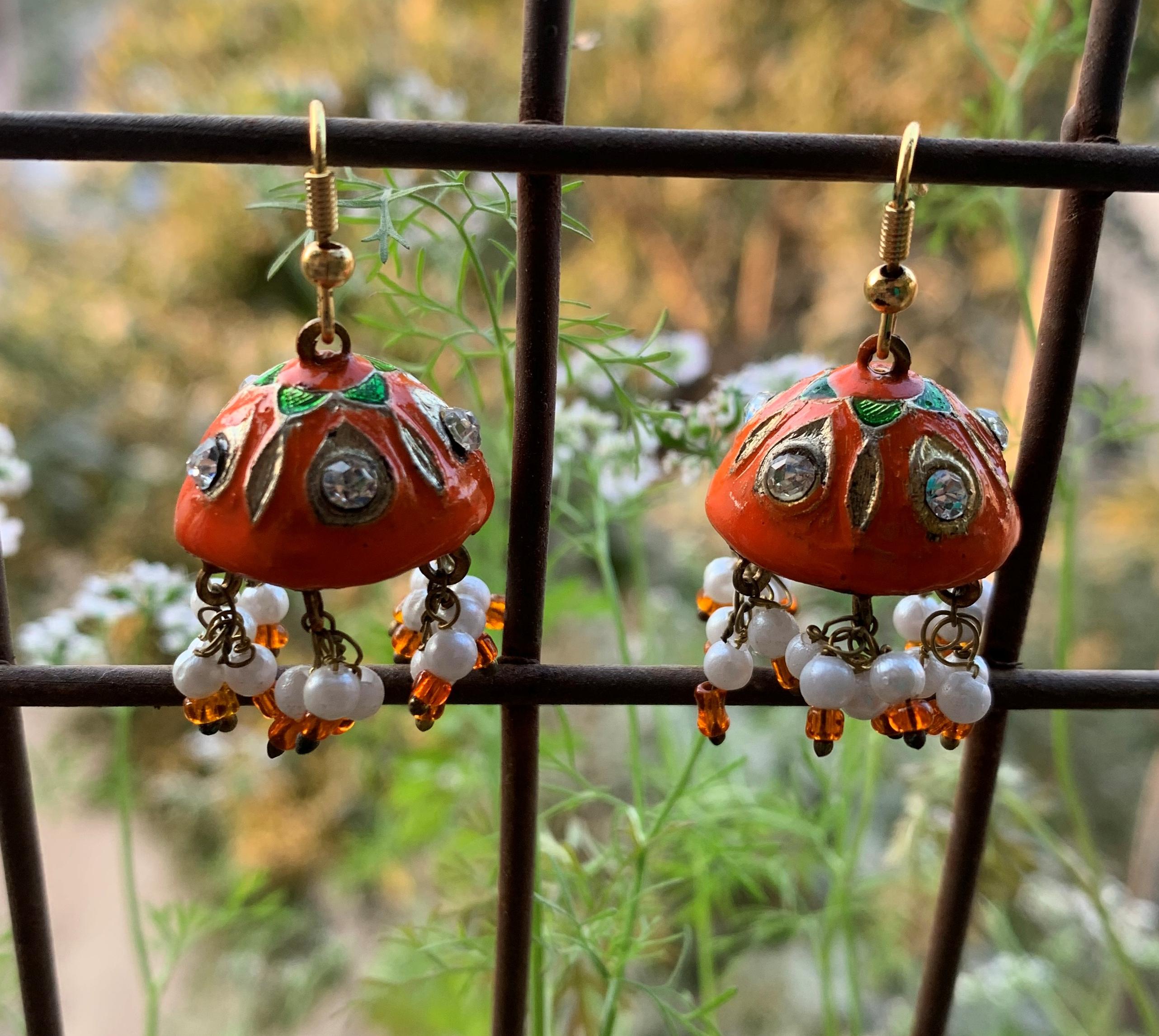 Lacquer Drop Earrings with Pearl Beads – Ethnic Indian Jewelry 1” X 0.5 ( h x l ) approx. оранжевый
