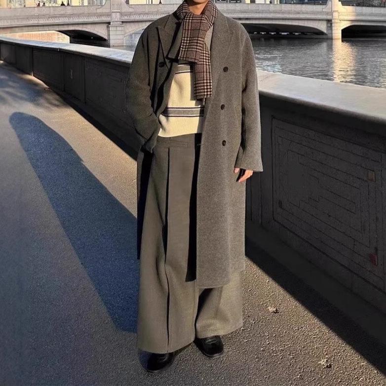 Men's Mid-Length British Wool Coat - Autumn/Winter, Thick Korean-Style Over-the-Knee Trench