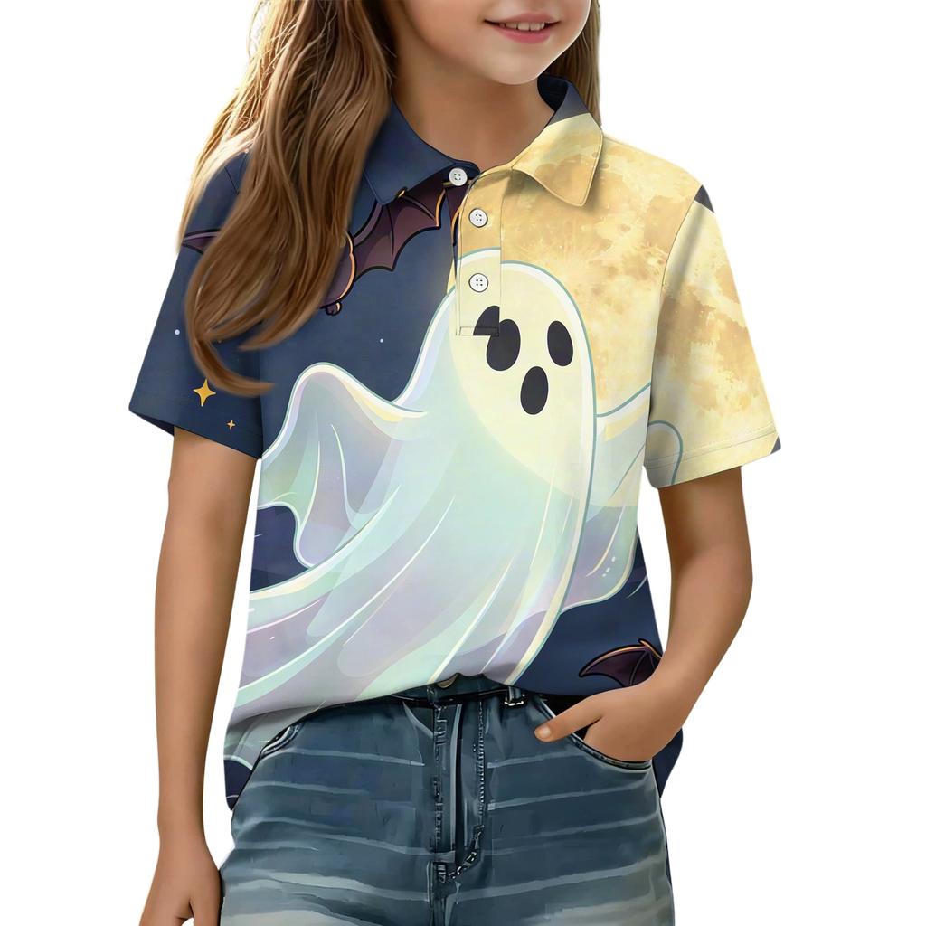 Kinder Halloween Aufdruck Poloshirt Kurzarm Lässiges T-Shirt Leichter Atmungsaktiver Stoff Bequeme Passform für Jungen Mädchen