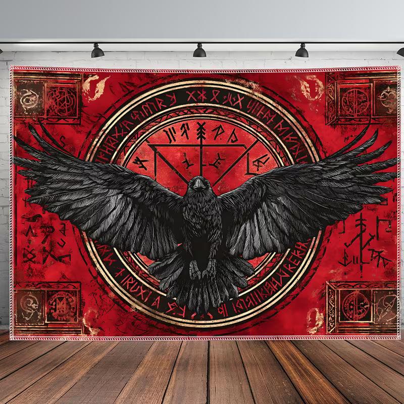2D Vintage Red Raven Tapestry, Viking Runes Black Crow Wall Hanging