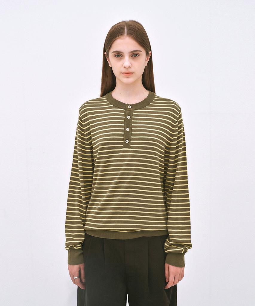 Aepeuteopeulei Striped Knit Henley Neck Khaki
