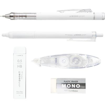 Conjunto de Papelaria Tombow MONO Conjunto Corretor Esferográfico, Cinza/Branco, 5 Peças (Lápis Mecânico, Grafite, Borracha, Caneta, Fita) PCC-541BAZ