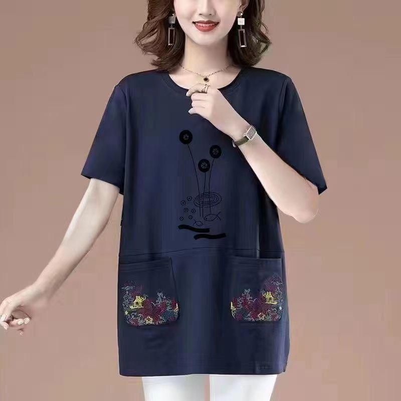 Long Length Pure Cotton Short-Sleeved T-shirt for Women Summer New Arrival Loose Plus Size Middle-Aged Ladieswear Loose Tummy Hiding Slimming Tops