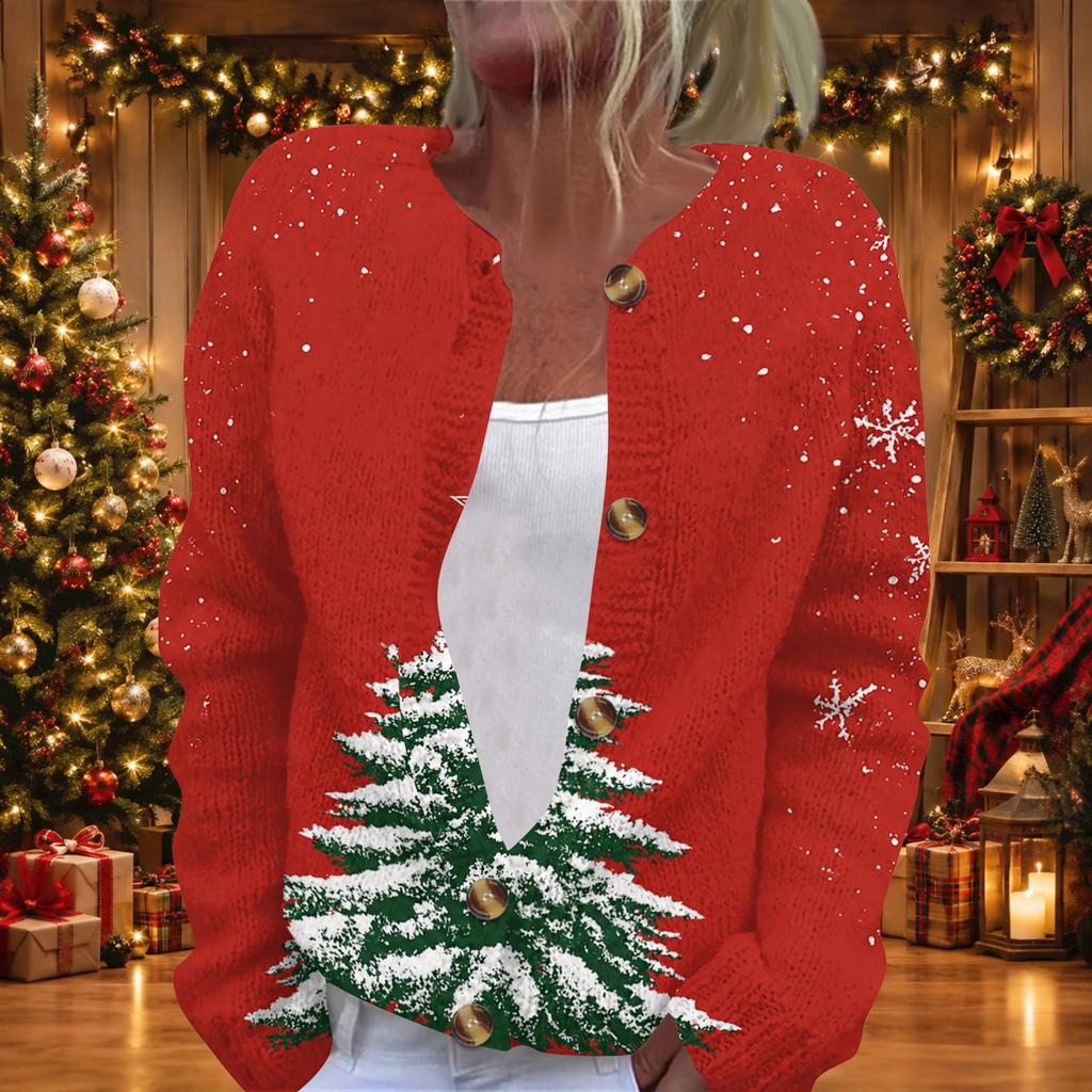 Women's Christmas Print Long Sleeve Knit Cardigan Button Down Sweater