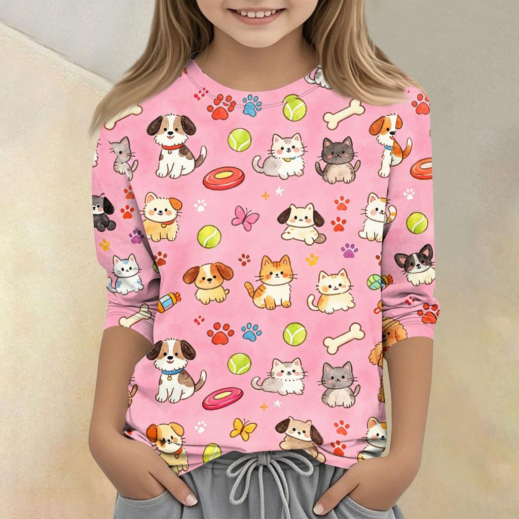 Kids Animal Print Crew Neck 3/4 Sleeve Casual T Shirt Soft Fabric Lightweight Comfortable Fit for Everyday Wear