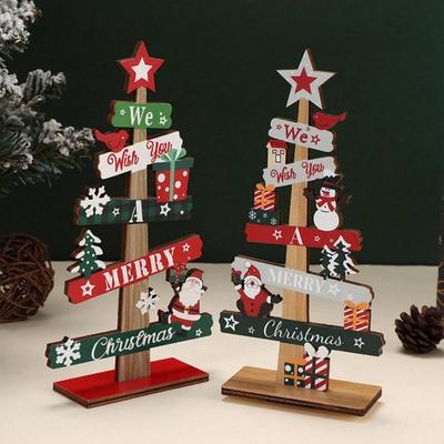 Christmas Sign Tabletop Decorations Tree Shaped Wooden Santa Snowman Gift Boxes Table Decor for Farmhouse Tiered Tray Desk Mantel Shelf Holiday