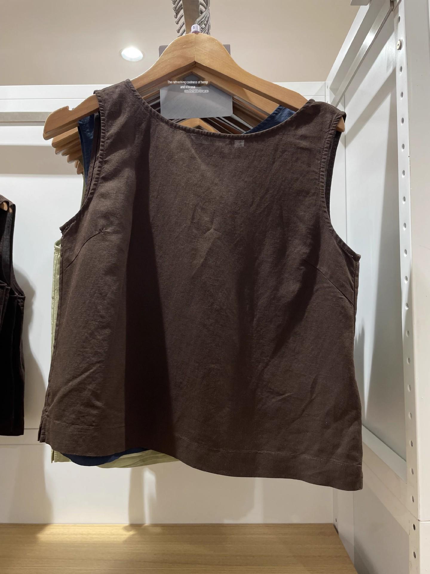 

Женский жилет без рукавов в японском стиле из смесовой ткани лен/хлопок - Круглый вырез, Повседневный, Весна/Лето 2025 Extra Large