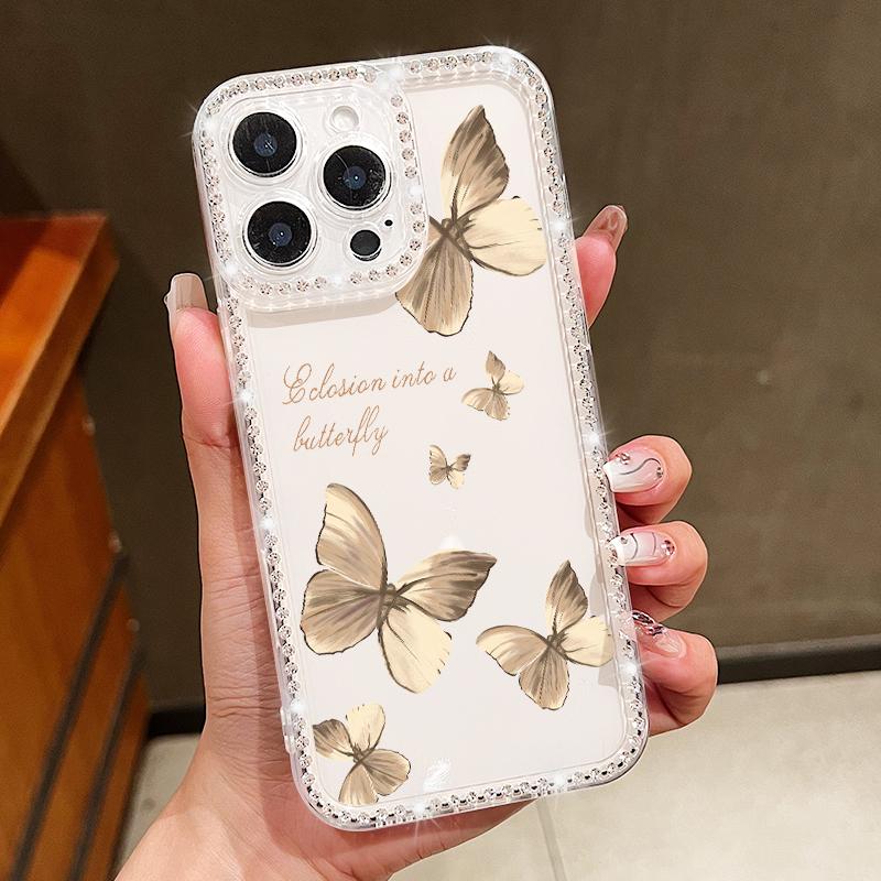 For iPhone 16 Pro 16E 15 Pro Max 14 13 12 11 Phone Case Diamond Frame Butterfly Print Clear Shockproof Soft Silicone Anti-Fall Bumper Cover