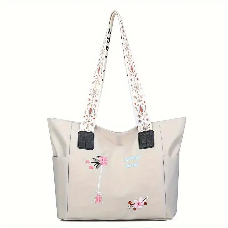 Flower Embroidery Tote Bag, Fashion Oxford Cloth Handbag, Large Capacity Shoulder Bag For Women