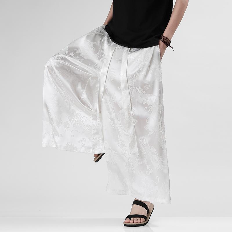 Men Ice Silk Wide Leg Pants Solid Color Loose Joggers Elastic Waist Trousers Men Streetwear Vintage Casual Long Pants