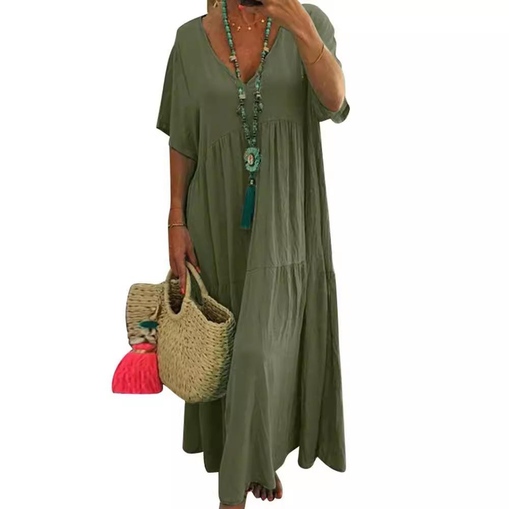 Women's Summer Plus Size Long Dress Casual V-Neck Short Sleeve Irregular Large Swing Maxi Dresses
