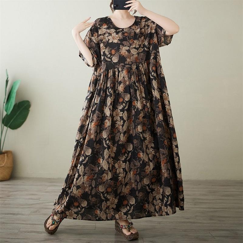 Kortärmad Plus size bomull vintage blommig ny i klänningar för kvinnor avslappnad lös lång sommarklänning