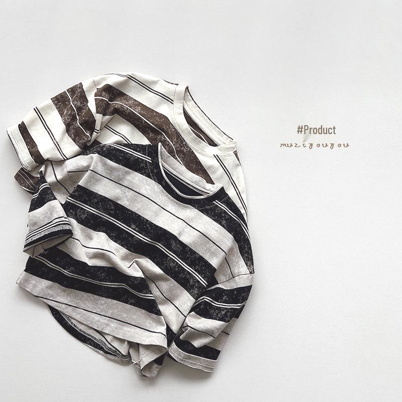 Tricou pentru copii cu dungi retro uzat - Unisex Stil coreean Primăvara 2025