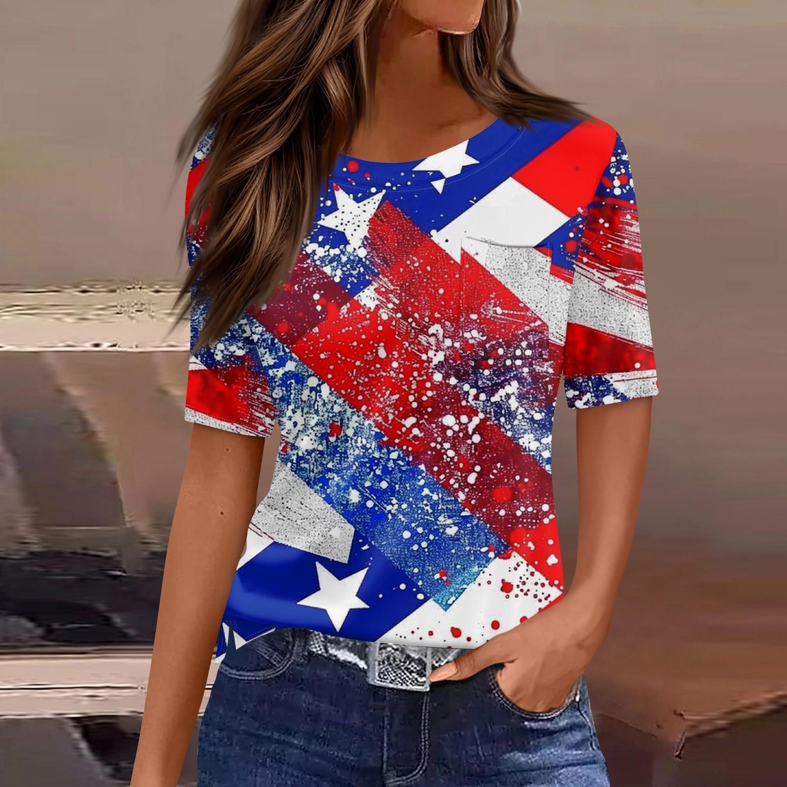 

Women s Round Neck Pocket Independence Day Print Short Sleeve T-Shirt Top XL