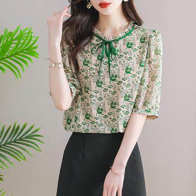 Elegante Temperament Gedrukte Chiffon Blouse voor Dames Zomermode All-match Korte Mouw Shirt Zomer Dameskleding