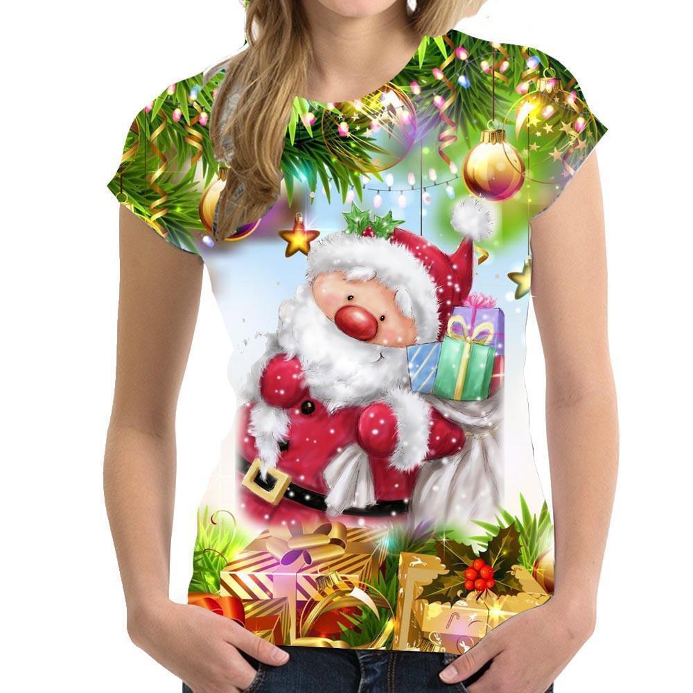 Summer Round Neck 3D Christmas Print Top Fashionable Casual Short Sleeved Women's T-shirts