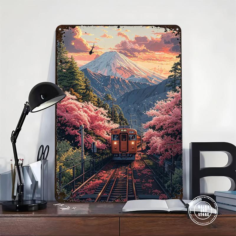 Tåg Genom Körsbärsblommor Tryckt Affisch Anpassad Väggkonst Retro Vintage Metallplåtskyltar för Hem Spelrum Dekoration