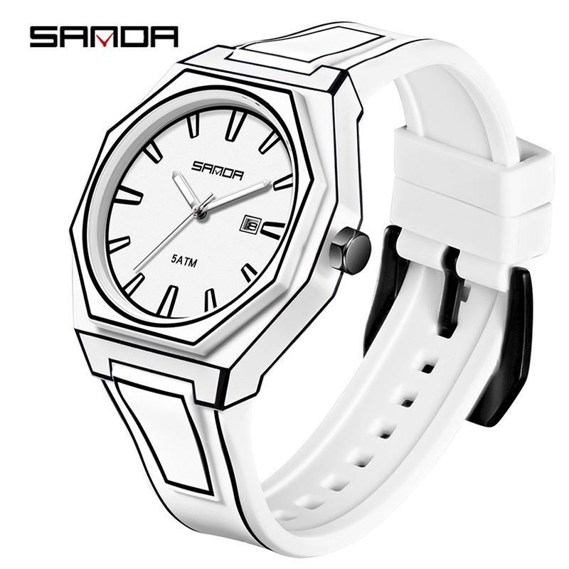 SANDA Fashionable Men's Quartz Watch Waterproof Silicone Strap Unique Scale Calendar Creative Lines Student Watches