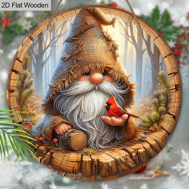 Cardinal Wooden Christmas Sign with Adorable Gnome Pattern - Navidad Round Sign for Front Door, Wall Hanging Decor - Ideal Christmas Decoration