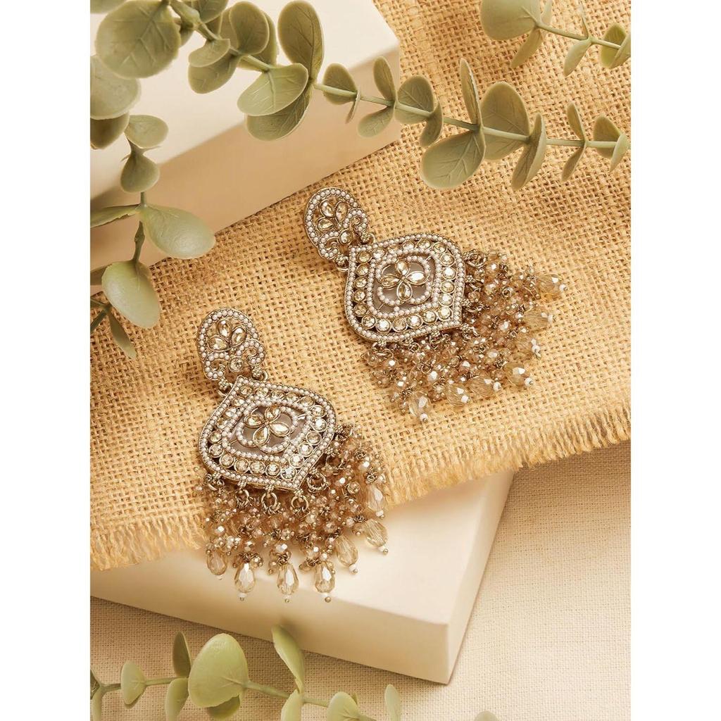 Champagne Color Dazzling Stones & Cluster Beads Drop Dangler Earring For Women