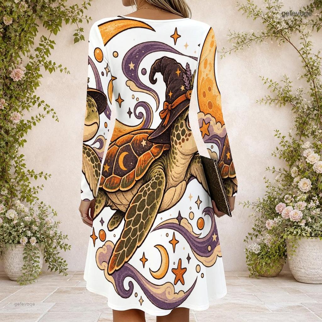 Women Criss Cross V Neck Long Sleeve Cartoon Excavator Printed Fitted Curved Hem Dress