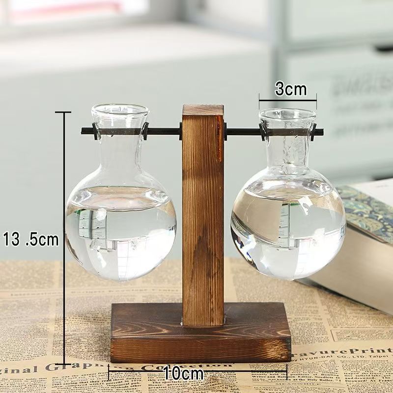 Creative Glass Desktop Planter Bulb Vase Wooden Stand Hydroponic Plant Container Home Tabletop Decor Vases