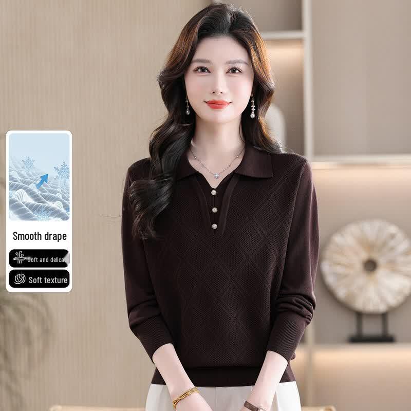 

SNOWFLYING Women s Elegant Plaid Button-Knit Polo Sweater M