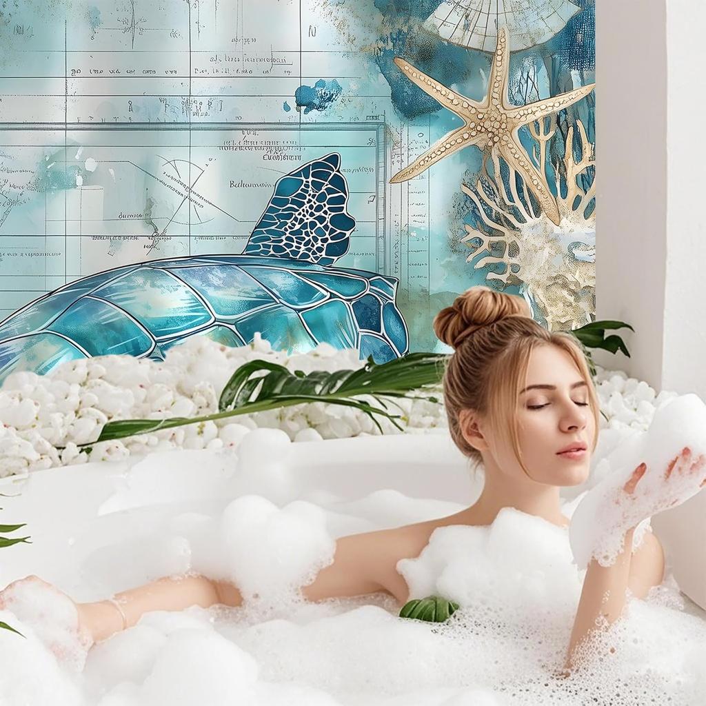 Sea Turtle Blue Ocean Starfish Shower Curtain,Bathroom Shower Curtains Bathtub Home Decor Waterproof Fabric Machine Washable Wit