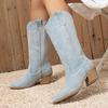 Western Style Embroidery Denim Mid Calf Boots For Women Pointed Toe Vintage Booties Low Hoof Heels Riding Equestrian Shoes