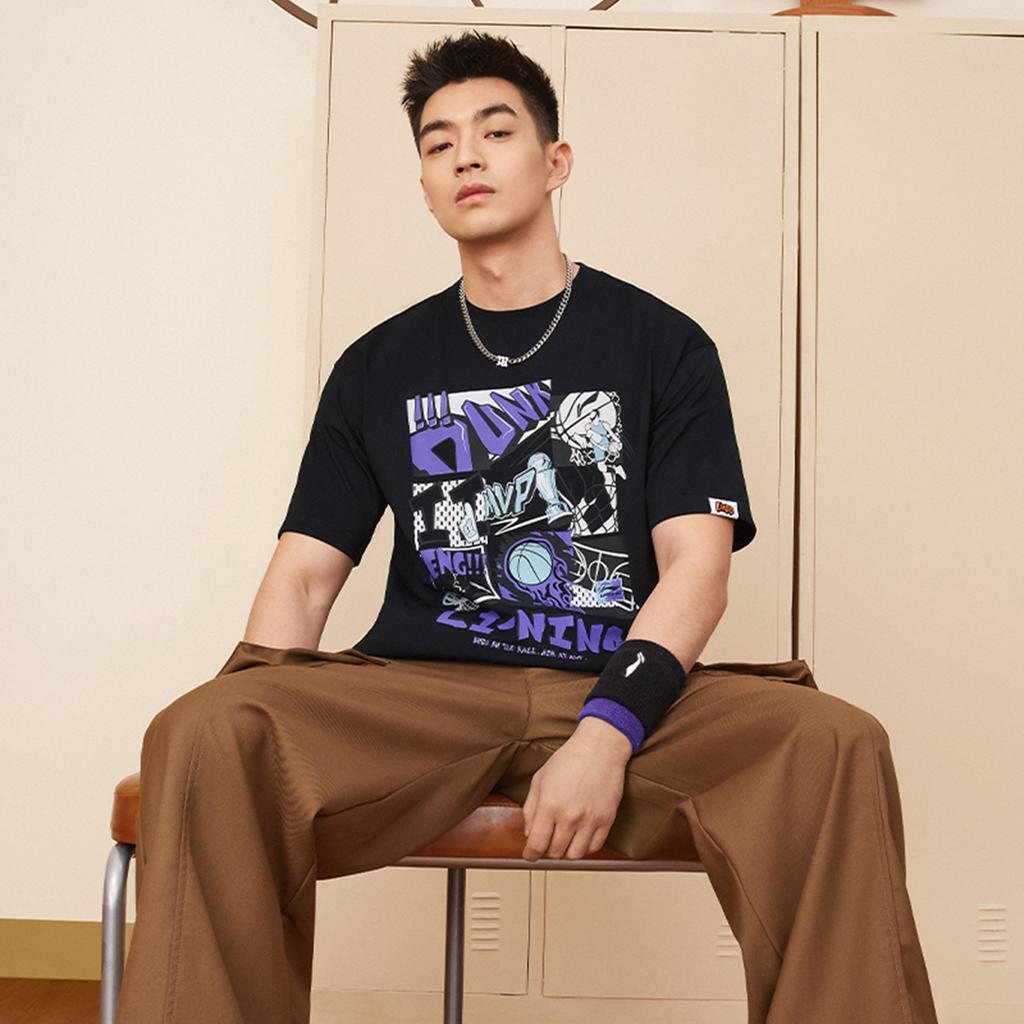 Li-Ning Quick-Dry Breathable Cool Letter Print Pullover Round Neck Comfortable Casual Short Sleeve T-Shirt Men Tops Black AHSUD81-2