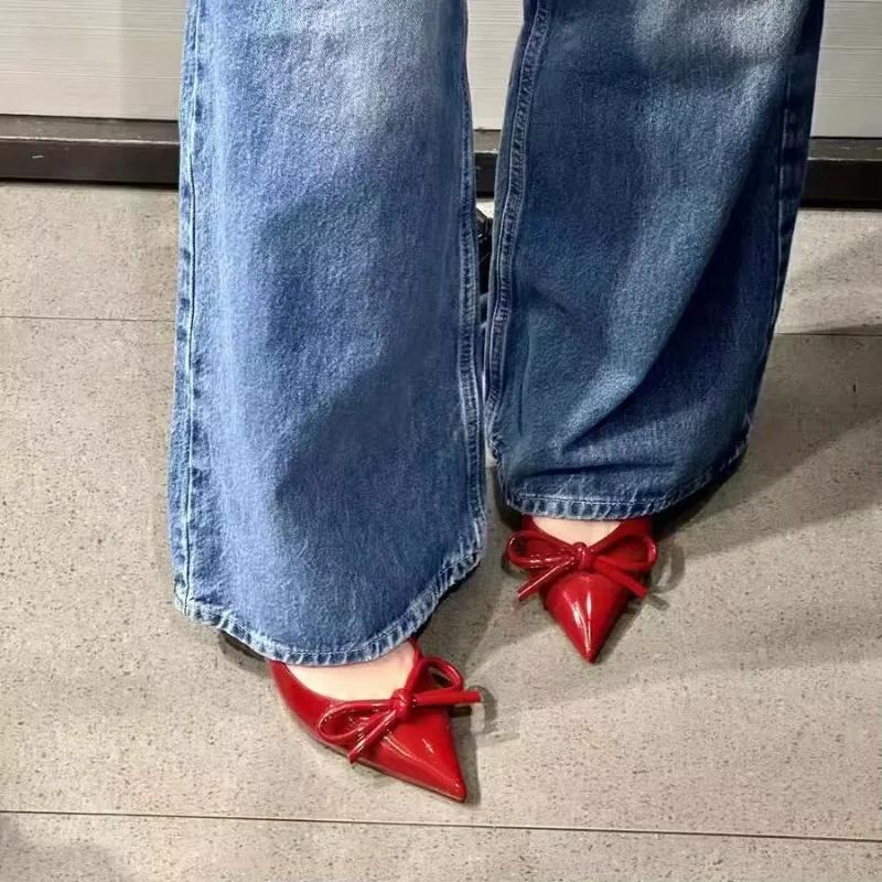 Red Bow Slingbacks High Heels For Woman Sexy Pointed Toe Patent Leather High Heels Autumn Elegant Woman Heeled Shoes