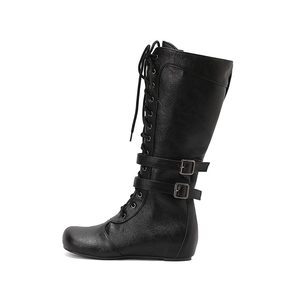 White Brown Women Mid Calf Boots Med Wedge Heel Big Size 50