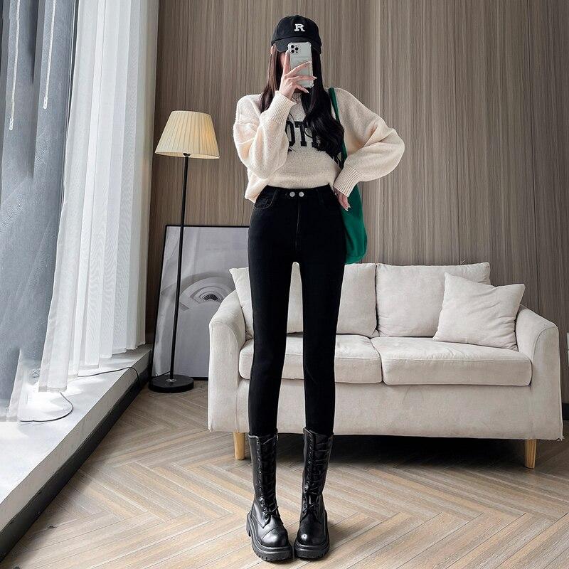 

Осень-зима модные женские винтажные джинсы Харадзюку флисовые джинсы с высокой талией повседневные утолщенные теплые эластичные тонкие узкие джинсы уличная одежда 32 чёрный