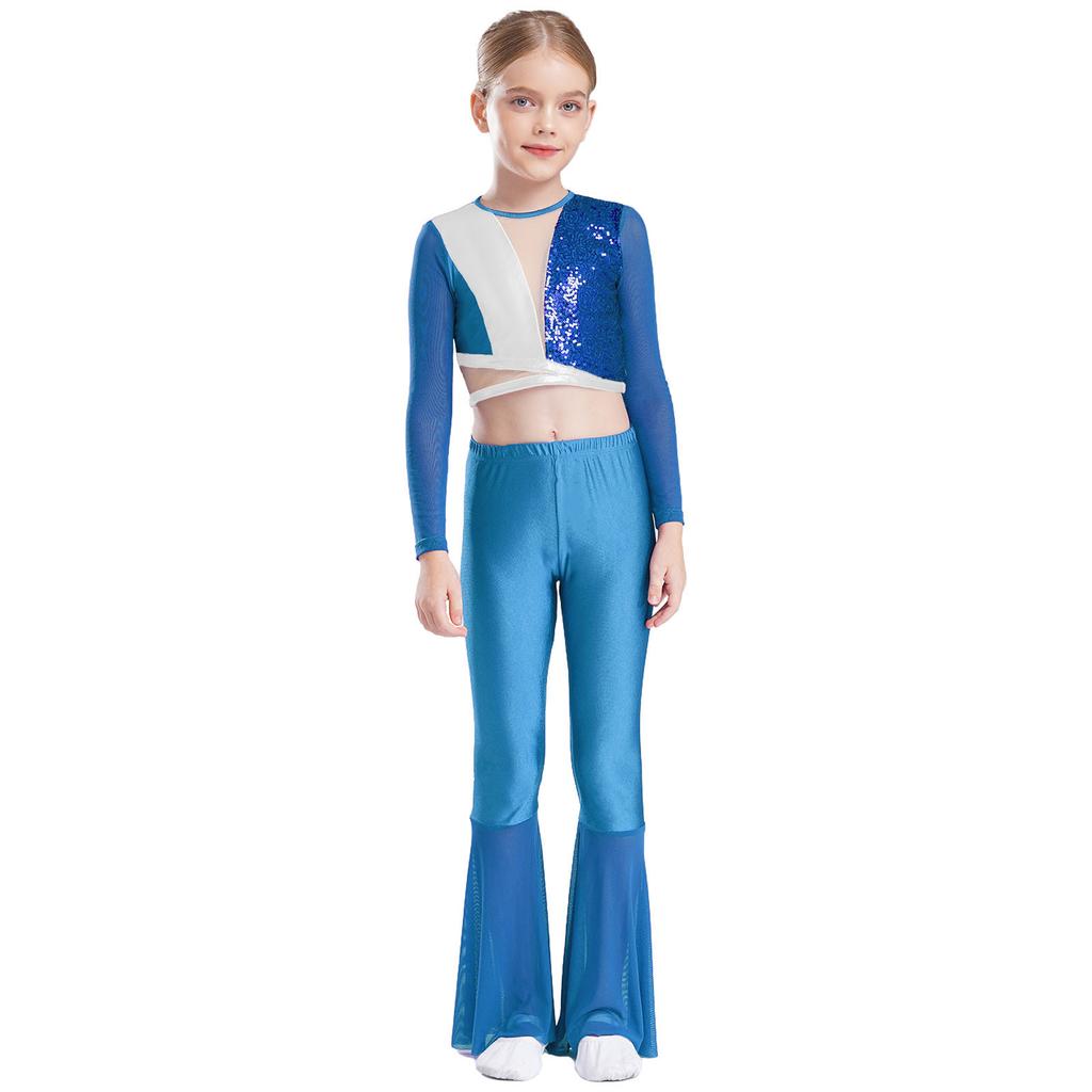 Girls Metallic Sequin Dance Set Long Sleeve Crop Top Paired with Sheer Mesh Bell Bottom Pants Performance Outfit