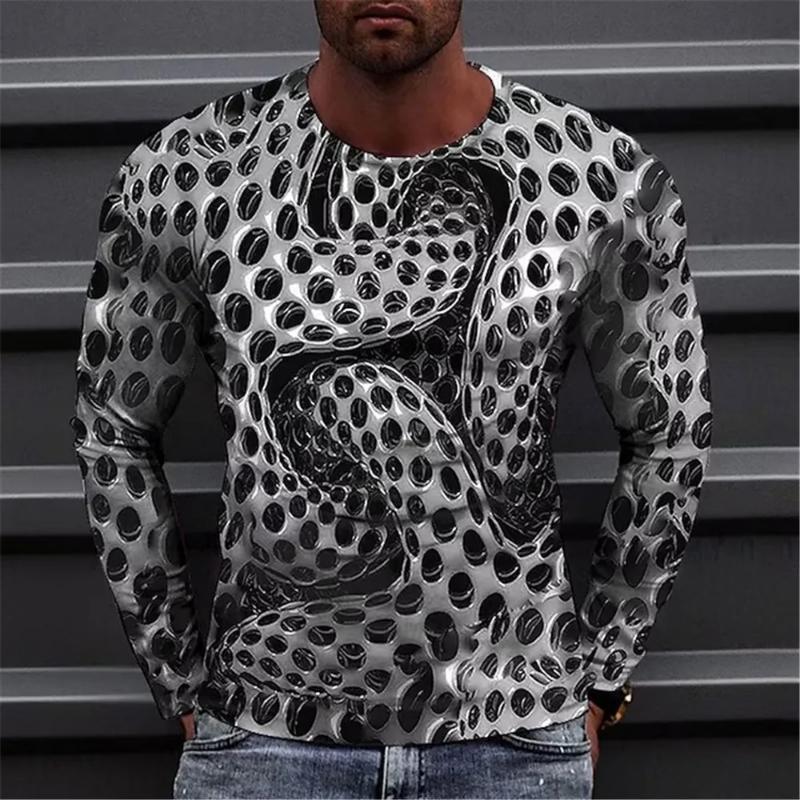 Trendig herr-t-shirt med tryck Optisk illusion Rund hals Långärmad Street Harajuku Överdrivet designer-topp med rund hals