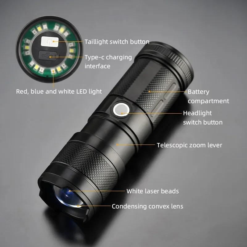 Super Bright Led Double Head Flashlight Waterproof Rechargeable Zoomable Torch Work Light Spotlight Floodling Lantern