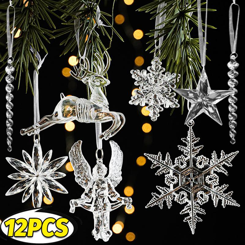 Clear Acrylic Christmas Snowflake Ornaments Xmas Tree Hanging Pendants Star Icicle Deer Winter Wonderland Party Crystal Decor