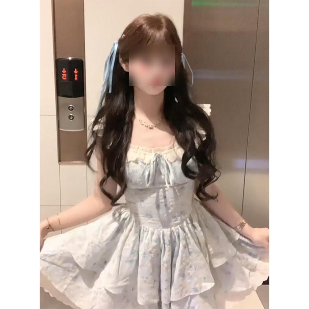 

Соус СИСИ, вишневые плетеные цветочные перья, голубые нежные и милые маленькие летящие рукава, нежное цветочное платье принцессы с талией для женщин XL- (recommended 110-60kg) синий