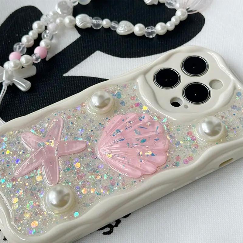 Stereo Starfish Shell Sequined Mobile Phone Case For Iphone17Promax Epoxy Glitter Apple 16 All-Inclusive 14
