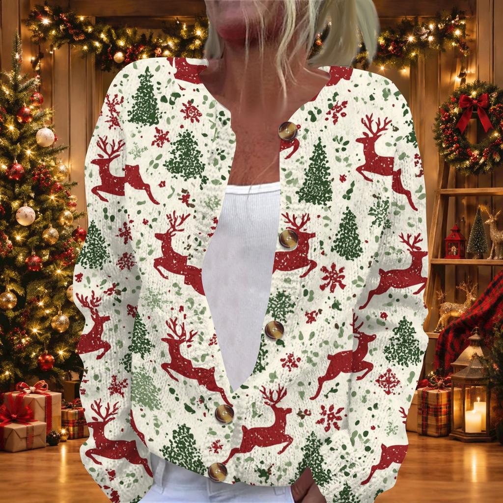Women's Christmas Print Long Sleeve Knit Cardigan with Button Front