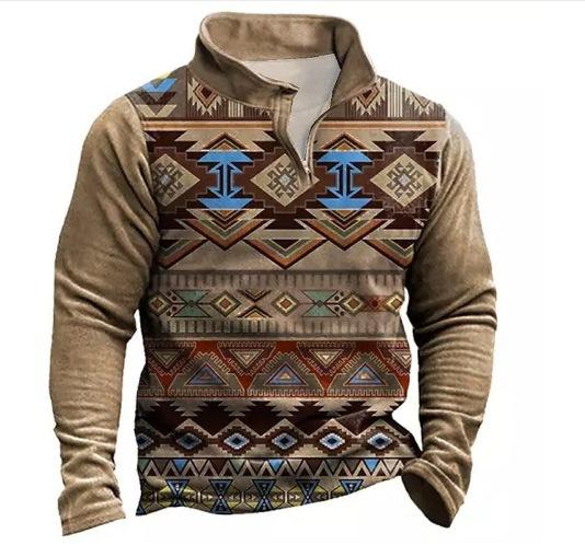 Ethnisch Stammes Geometrisches Muster Langarm Poloshirt, Mode Lässiges Oberteil