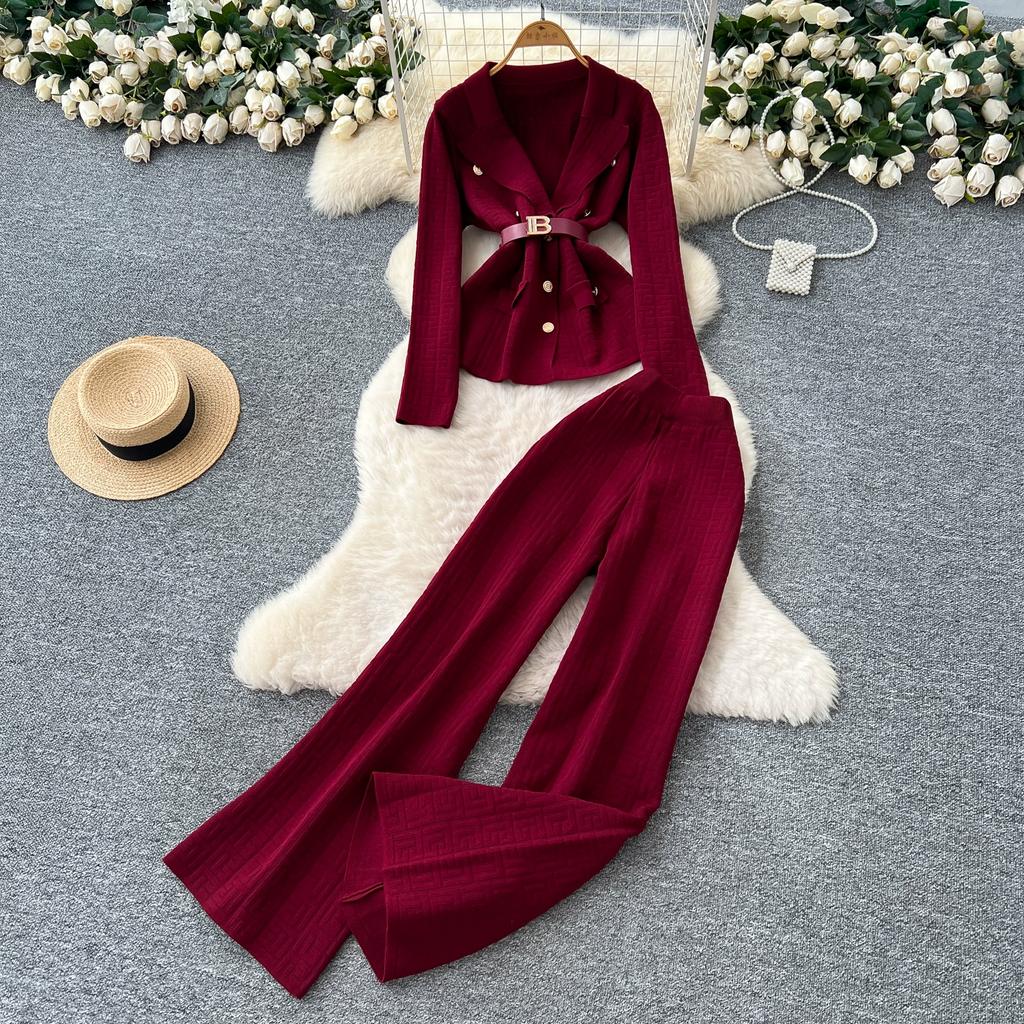 Herbst Winter Damen Vintage Designer Strickpullover Hose Zweiteiliges Set Blazerkragen Jacke Mantel und Weitbeinige Hose Trainingsanzug