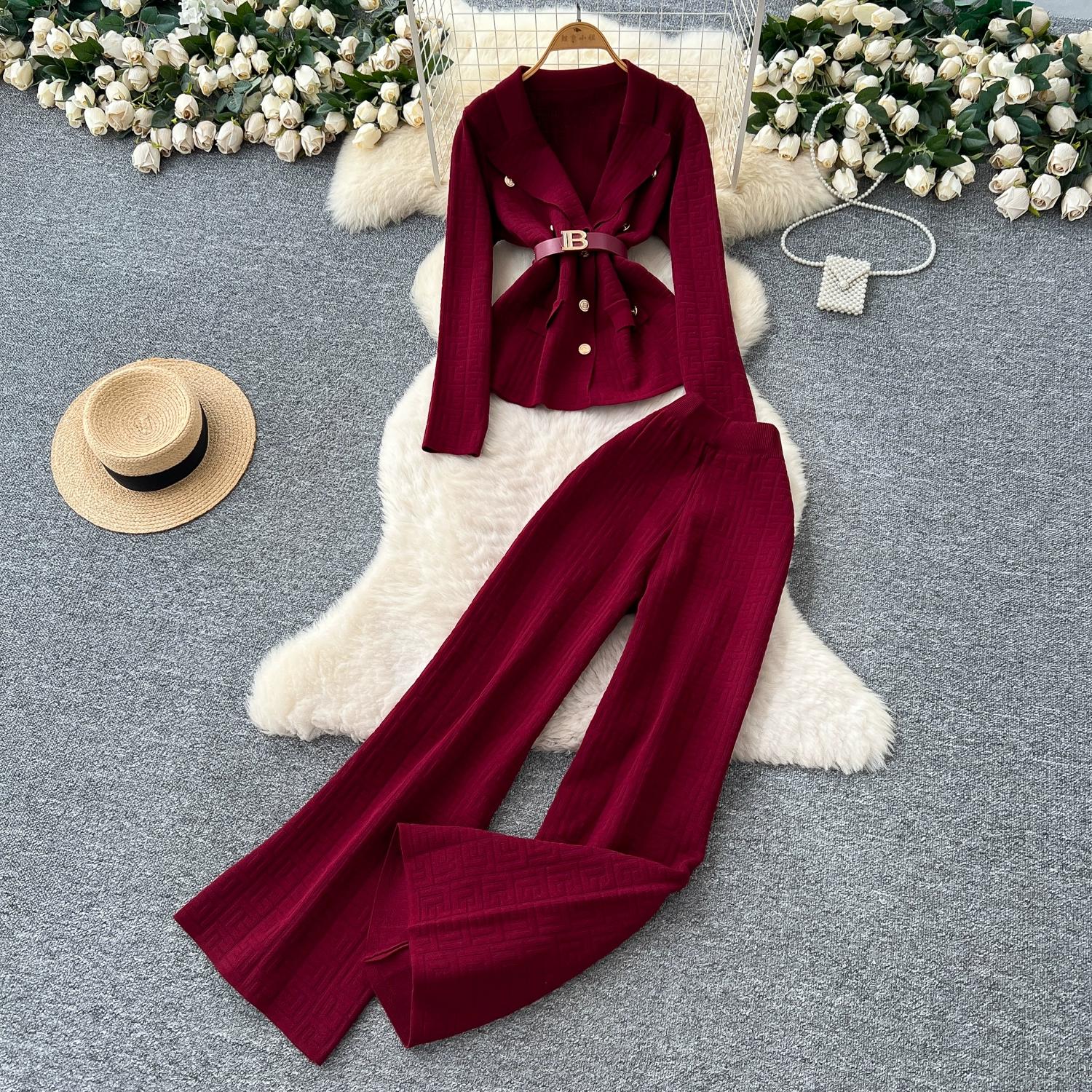 

Осень Зима Женский Винтажный Дизайнерский Вязаный Свитер Брюки Комплект из Двух Предметов Пиджак с Воротником Жакет Пальто и Брюки Широкие Штанины Спортивный Костюм One Size