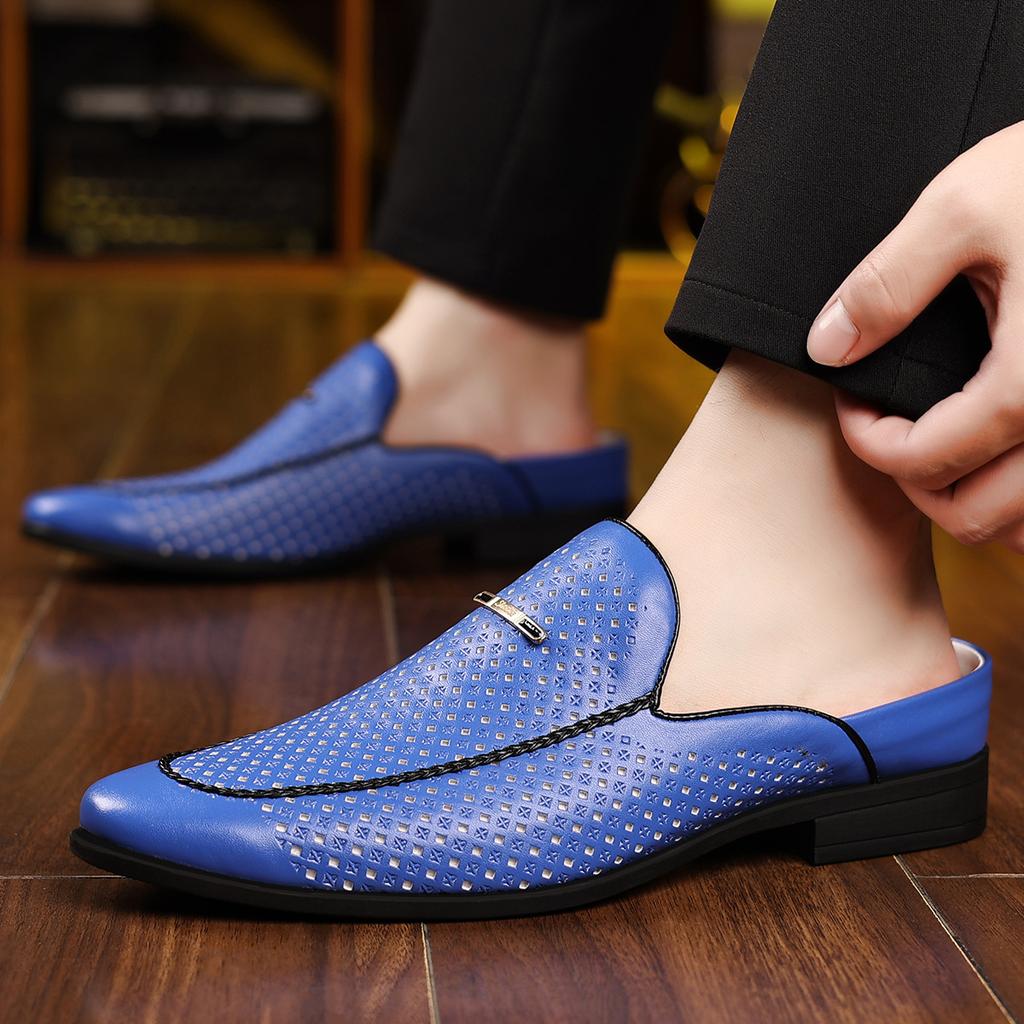 New Men's Blue Yellow Red Half Slippers Leather Shoes Male Casual Mules Moccasins Breathable Loafers Zapatos Hombre